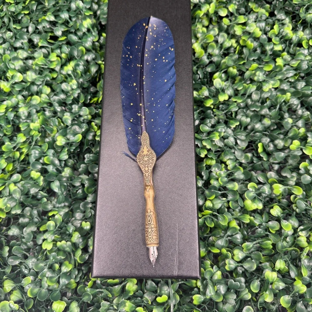 Feather Quill Pen‎ Calligraphy Set Navy Blue Gold Speckle Ink & Nibs